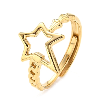 304 Stainless Steel Adjustable Ring for Women, Hollow Star, Real 14K Gold Plated, Inner Diameter: 18mm