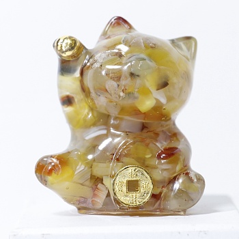 Natural Yellow Agate Chip & Resin Craft Display Decorations, Lucky Cat Figurine, for Home Feng Shui Ornament, 63x55x45mm