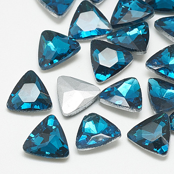 Pointed Back Glass Rhinestone Cabochons, Back Plated, Faceted, Triangle, Capri Blue, 9.5x10x4mm