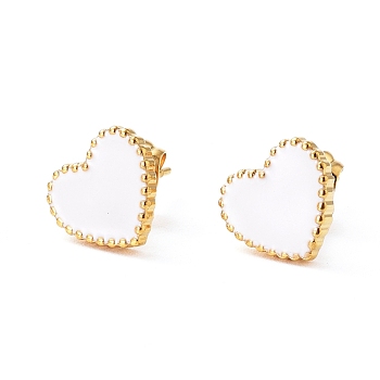 304 Stainless Steel Stud Earrings, with Enamel and Ear Nuts, Heart, White, Golden, 9.5x10.5x1.5mm, Pin: 0.6mm, 6pairs/card