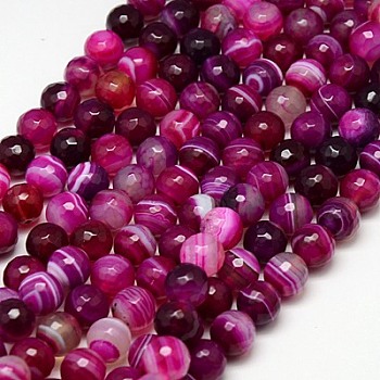 Natural Striped Agate/Banded Agate Beads Strands, Faceted, Dyed, Round, Medium Violet Red, 10mm, Hole: 1.2mm