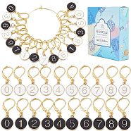 Number 0~9 Locking Stitch Markers, Alloy Enamel Black & White Charm Stitch Marker, with 304 Stainless Steel Hoop, Golden, 3cm, 20 style, 1pc/style, 20pcs/box(HJEW-SC0001-38)
