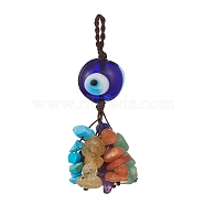 Handmade Evil Eye Lampwork Pendant Decorations, Natural Gemstone Chip Tassel Nylon Thread Hanging Ornaments, Blue, 63mm(HJEW-JM01067)