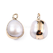 Electroplate Natural Baroque Pearl Keshi Pearl Pendants, Cultured Freshwater Pearl, with Iron Findings, Oval Charm, Light Gold, 13~17x9~11.5x9~11mm, Hole: 1.8mm & 0.7mm(PEAR-N021-11)