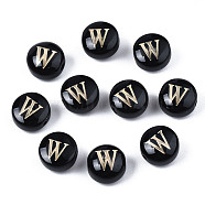 Handmade Lampwork Beads, with Golden Plated Brass Etched Metal Embellishments, Flat Round with Alphabet, Letter.W, 8x5mm, Hole: 0.8mm(LAMP-S196-001W)