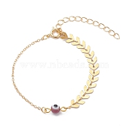 Round Evil Eye Lampwork Beaded Bracelets, with 304 Stainless Steel Cobs Chains and Brass Cable Chains, Golden, Purple, 6-3/4 inch(17.1cm)(BJEW-JB05941-01)