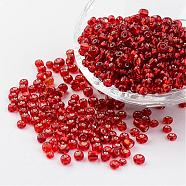 6/0 Round Silver Lined Round Hole Glass Seed Beads, Red, 4mm, Hole: 1.5mm, about 496pcs/50g(X-SEED-A005-4mm-25)