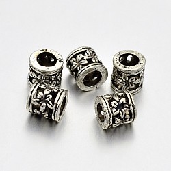 Tibetan Style Alloy Hollow Column with Flower Large Hole European Beads, Large Hole Beads, Lead Free & Cadmium Free & Nickel Free, Antique Silver, 6x6mm, Hole: 4mm(X-PALLOY-E381-03AS-NR)