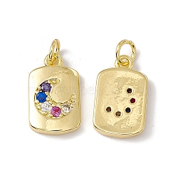 Brass Micro Pave Cubic Zirconia Pendants, with Jump Ring, Rectangle with Moon Charm, Real 18K Gold Plated, 16.5x10x2.7mm, Hole: 3.5mm(KK-E068-VC006)