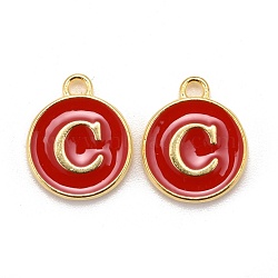 Golden Plated Alloy Enamel Charms, Cadmium Free & Lead Free, Enamelled Sequins, Flat Round with Letter, Red, Letter.C, 14x12x2mm, Hole: 1.5mm(X-ENAM-S118-03C)
