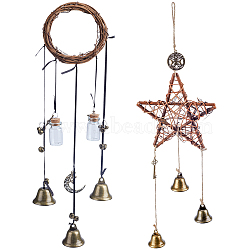 2Pcs 2 Style Rattan & Alloy/Iron Witch Bells for Door Knob, Wind Chimes, Witchcraft Decor Protection Bells, Mixed Color, 395~550mm, 1pc/style(AJEW-GF0008-20)