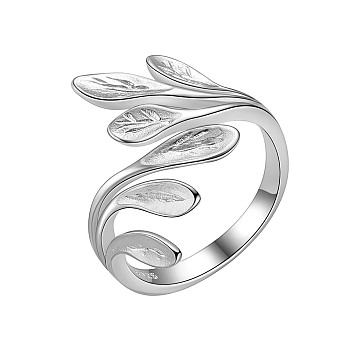 SHEGRACE Rhodium Plated 925 Sterling Silver Cuff Rings, Open Rings, Leaf, Platinum, US Size 6(16.5mm)