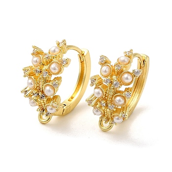 Flower Rack Plating Brass Cubic Zirconia Hoop Earrings Findings, with Plastic Pearl and Loops, Long-Lasting Plated, Lead Free & Cadmium Free, Golden, 18 Gauge, 18x10x17.5mm, Hole: 1mm, Pin: 1mm