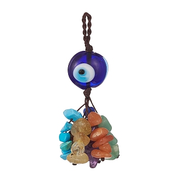 Handmade Evil Eye Lampwork Pendant Decorations, Natural Gemstone Chip Tassel Nylon Thread Hanging Ornaments, Blue, 63mm