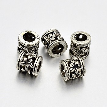 Tibetan Style Alloy Hollow Column with Flower Large Hole European Beads, Large Hole Beads, Lead Free & Cadmium Free & Nickel Free, Antique Silver, 6x6mm, Hole: 4mm