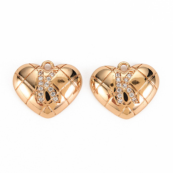 Brass Micro Pave Clear Cubic Zirconia Pendants, Nickel Free, Real 18K Gold Plated, Heart with Word, Letter.K, 12x15x3.5mm, Hole: 1.2mm