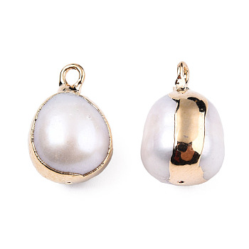 Electroplate Natural Baroque Pearl Keshi Pearl Pendants, Cultured Freshwater Pearl, with Iron Findings, Oval Charm, Light Gold, 13~17x9~11.5x9~11mm, Hole: 1.8mm & 0.7mm