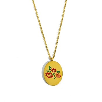 Birth Month Flower Style Titanium Steel Oval Pendant Necklace, Golden, December Poinsettia, 15.75 inch(40cm)