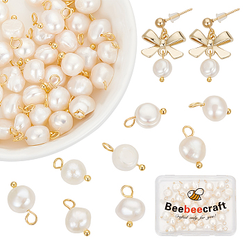 40Pcs Natural Cultured Freshwater Pearl Oval Charms, with Golden Tone Brass Loops, White, 10~12x5.5~7x4.5~6mm, Hole: 2.4~2.7mm