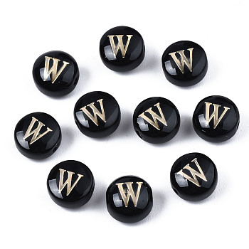 Handmade Lampwork Beads, with Golden Plated Brass Etched Metal Embellishments, Flat Round with Alphabet, Letter.W, 8x5mm, Hole: 0.8mm