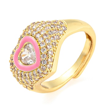 Enamel Heart Adjustable Ring with Clear Cubic Zirconia, Real 18K Gold Plated Brass Ring, Lead Free & Cadmium Free, Hot Pink, Inner Diameter: 17.6mm