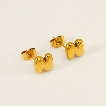 Chunk Letter 304 Stainless Steel Stud Earrings for Women, Real 18K Gold Plated, Letter N, 7.5~8.5x5~10.5mm