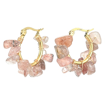 Natural Strawberry Quartz Chips Braided Hoop Earrings, 304 Stainless Steel Wire Wrap Jewelry for Women, 25~27x28~33x7~9mm, Pin: 0.6mm