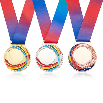 3Pcs 3 Colors Alloy Enamel Medal, Rainbow Color Polyester Lanyard Medal, Mixed Color, 505mm, 1pc/color