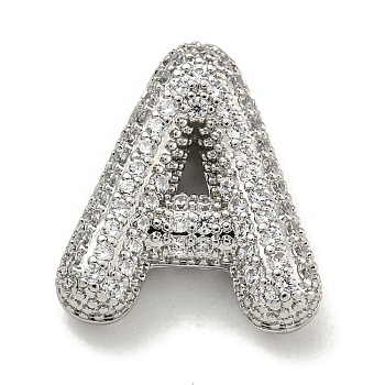Platinum Plated Brass Micro Pave Cubic Zirconia Pendants, Letter Charms, Letter A, 19.5x17x6mm, Hole: 3.5x2mm