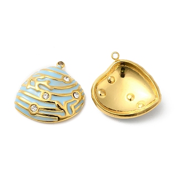 304 Stainless Steel Rhinestone Pendants, with Enamel, Shell Charms, Golden, Light Sky Blue, 19.5x19x5mm, Hole: 1.2mm