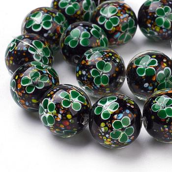 Handmade Inner Flower Lampwork Beads Strands, Round, Green, 19~20mm, Hole: 2.5mm, 18pcs/strand, 12.99 inch