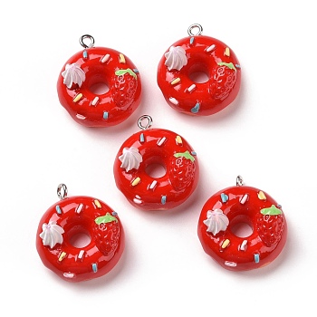 Opaque Resin Pendants, with Platinum Tone Iron Loops, Donut, Red, 25x22x13.5mm, Hole: 2mm