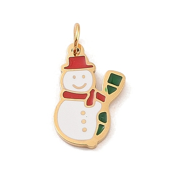 Christmas Theme 304 Stainless Steel Pendants, with Enamel and Jump Ring, Real 14K Gold Plated, Snowman, 14.5x9x1mm, Hole: 3mm