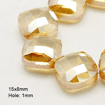 Electroplate Glass Beads, Half Plated, Faceted, Square, Goldenrod, 15x15x8mm, Hole: 1mm