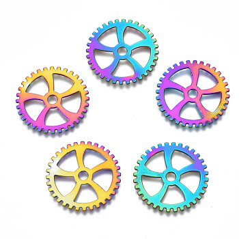 Rack Plating Rainbow Color Alloy Pendants, Cadmium Free & Nickel Free & Lead Free, Gear, 30.5x1mm, Hole: 3.5mm