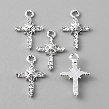 Religion Themed Alloy Pendants, with Crystal Rhinestone, Cross Charms, Platinum, 25x17x4mm, Hole: 2.3mm