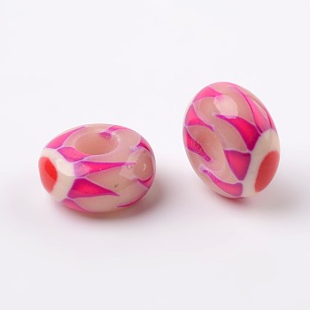 Handmade Polymer Clay Enamel European Beads, Large Hole Rondelle Beads, Deep Pink, 14x7.5mm, Hole: 5.5mm