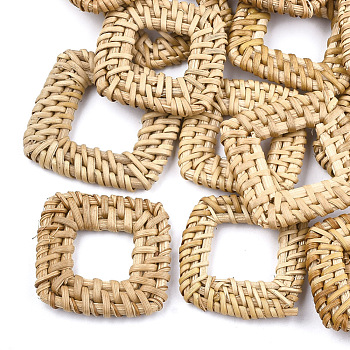 Handmade Reed Cane/Rattan Woven Linking Rings, For Making Straw Earrings and Necklaces,  Square, BurlyWood, 35~42x35~42x5~6mm, Inner Measure: 15~20x15~20mm