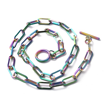 Ion Plating(IP) 304 Stainless Steel Paperclip Chain Necklaces, with Toggle Clasps, Rainbow Color, 17.99 inch(45.7cm)