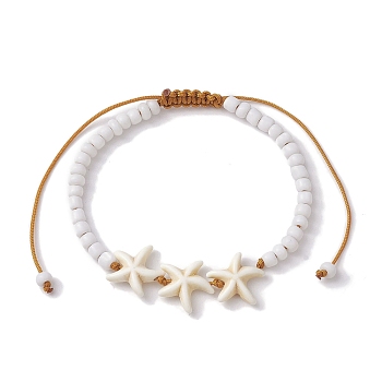 Starfish Synthetic Turquoise & Glass Seed Braided Bead Bracelets, Summer Beach Adjustable Cord Bracelets for Women Men, Inner Diameter: 2~3-5/8 inch(4.98~9.13cm)