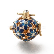 Alloy Crystal Rhinestone Bead Cage Pendants, Hollow Flower Charm, with Enamel, for Chime Ball Pendant Necklaces Making, Golden, Prussian Blue, 34mm, Hole: 6x3mm, Bead Cage: 26x25x21mm, 18mm Inner Size(ENAM-M047-02G-A)