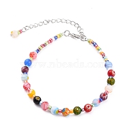 Handmade Millefiori Glass Beads Anklets, with Glass Seed Beads and Zinc Alloy Lobster Claw Clasps, Colorful, 9-1/4 inch(23.5cm)(AJEW-AN00341-04)