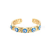 Real 18K Gold Plated Brass Open Cuff Ring with Enamel Evil Eye for Women, Nickel Free, Deep Sky Blue, US Size 8(18.1mm)(RJEW-Q166-02C)