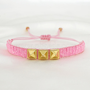 Glass Seed Braided Bead Bracelet, Flat Band Friendship Bracelet with Triple Stud for Women, Pearl Pink, 11 inch(28cm)(BJEW-A121-24D)
