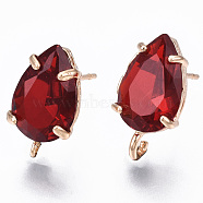 Brass Stud Earring Findings, with Transparent Glass and Loop, Long-Lasting Plated, Teardrop, Light Gold, Dark Red, 14x8.5mm, Hole: 1.2mm, Pin: 0.7mm(X-KK-S365-005-A03)