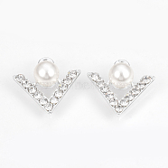 Alloy Rhinestone Pendants, with ABS Plastic Imitation Pearl Beads, V-shape, Platinum, 18x18.5x8mm, Hole: 2mm(PALLOY-T027-03P)