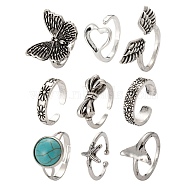 9Pcs 9 Style Adjustable Alloy Finger Rings, Bowknot & Heart & Flat Round & Starfish & Fishtail & Flower & Wings & Butterfly & Wide Band Rings, Antique Silver, US Size 5(16mm)~US Size 7(17mm), 1pc/style(RJEW-LS0001-15AS)