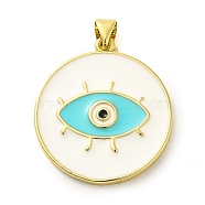 Real 18K Gold Plated Brass Pendants, with Enamel, Flat Round with Eye Charm, White, 27.5x25x2.5mm, Hole: 5x3.5mm(KK-A198-08G-01)