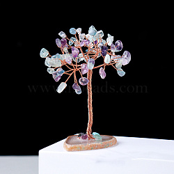 Natural Fluorite Chips Tree of Life Decorations, Natural Agate with Copper Wire Feng Shui Energy Stone Gift for Home Office Desktop Decoration, 110~120mm(PW-WG54461-03)