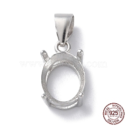 Rhodium Plated Rack Plating 925 Sterling Silver Pendants Cabochon Settings, 4-Prong Bezel Settings, Oval, with 925 Stamp, Real Platinum Plated, 17x7.5x5.5mm, Hole: 4x5.5mm(STER-NH0001-48P)